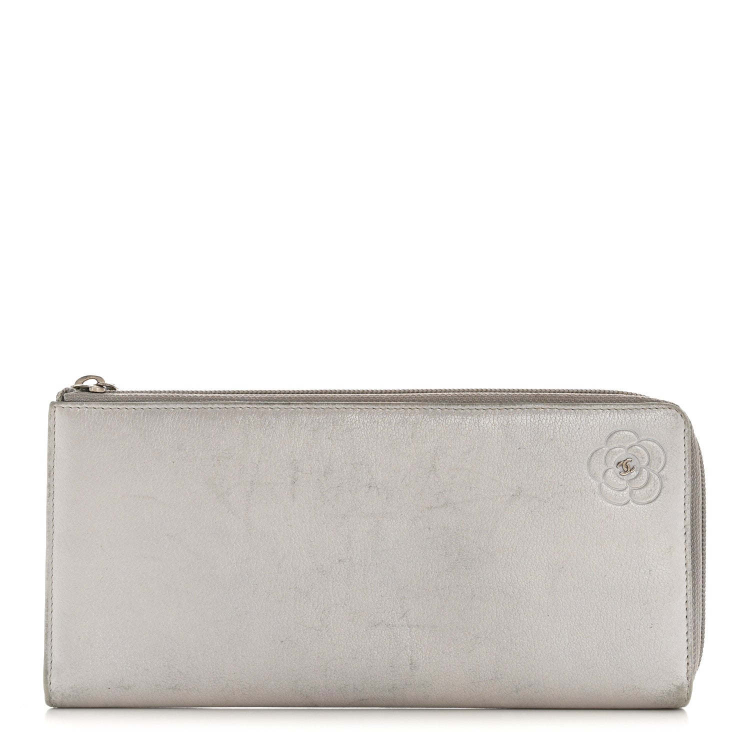 Metallic Goatskin Camellia Embossed Zip Around Wallet Silver