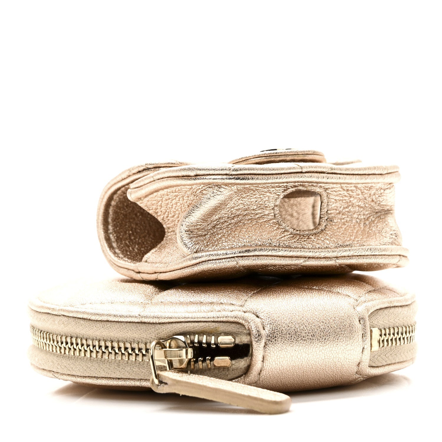 Metallic Lambskin Quilted Round Clip On Coin Purse Airpods Case Gold