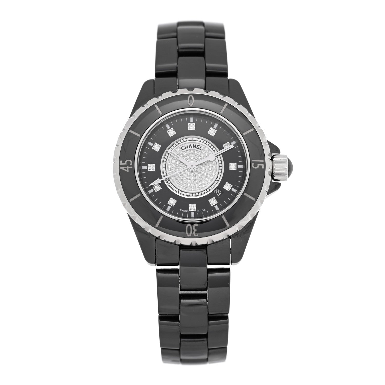 Chanel Stainless Steel Ceramic Diamond Dial 33mm J12 Quartz Watch Black