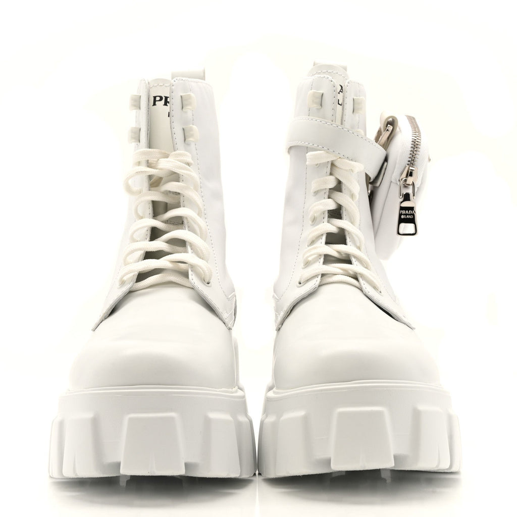 Prada Spazzolato Rois Re-Nylon Metal Triangle Logo Monolith Pouch Pocket 55mm Boots 40 White