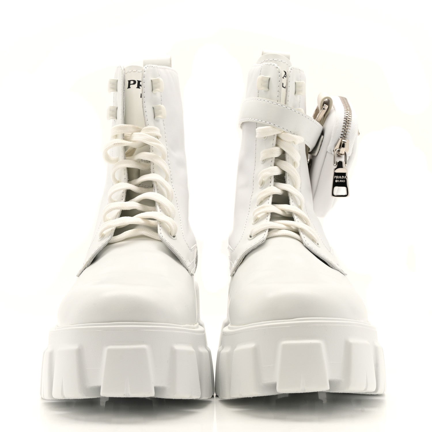 Prada Spazzolato Rois Re-Nylon Metal Triangle Logo Monolith Pouch Pocket 55mm Boots 40 White