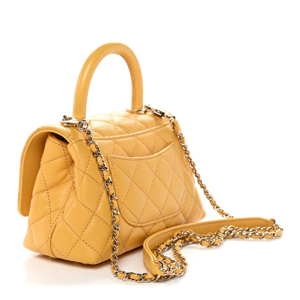 Chanel Caviar Lizard Embossed Quilted Extra Mini Coco Handle Flap Yellow
