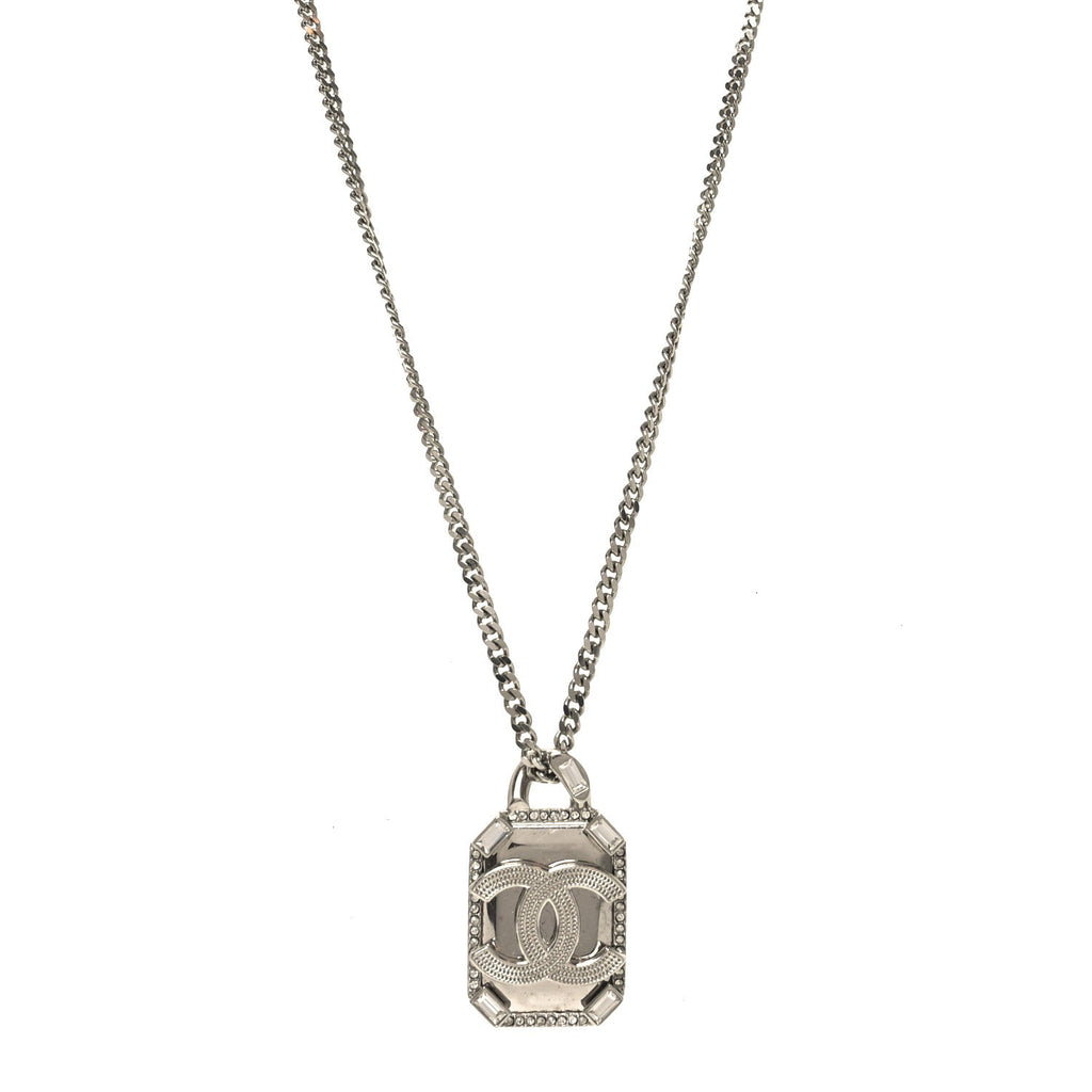 Crystal Baguette CC Mirror Pendant Necklace Silver