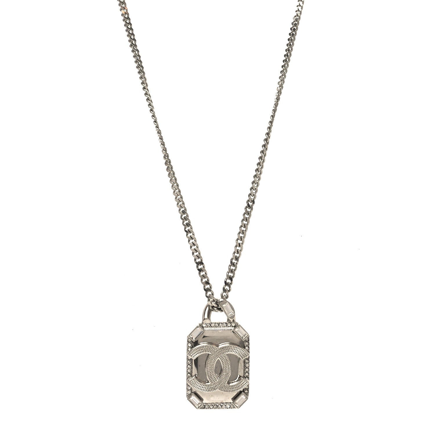 Crystal Baguette CC Mirror Pendant Necklace Silver
