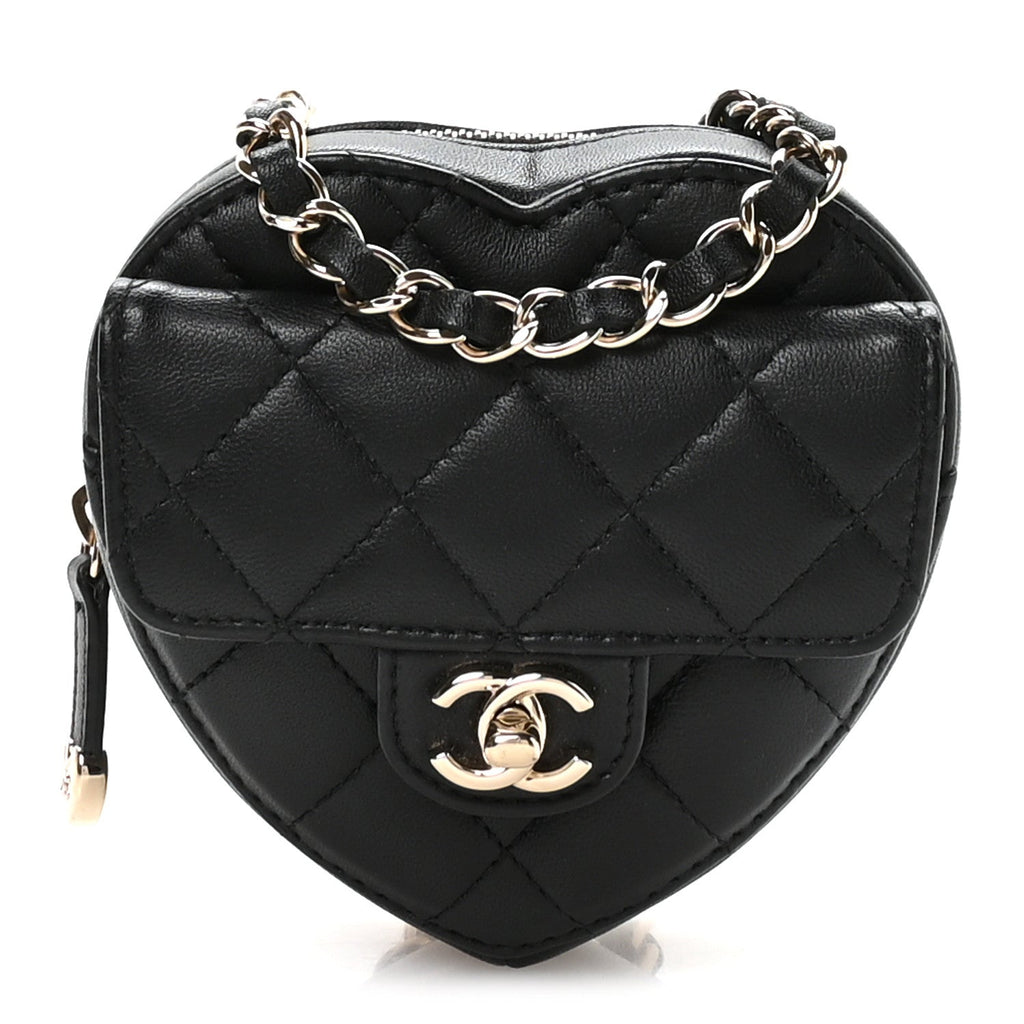 Chanel Lambskin Quilted CC In Love Heart Waist Belt Bag With Chain Black