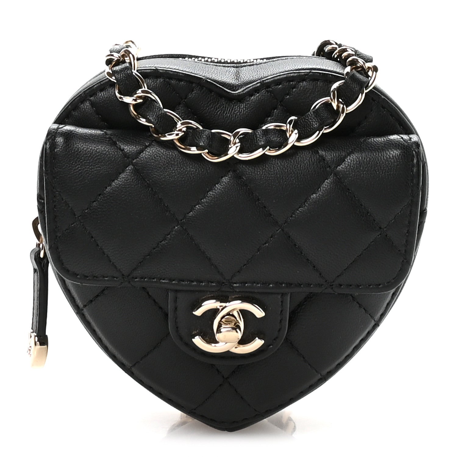 Chanel Lambskin Quilted CC In Love Heart Waist Belt Bag With Chain Black