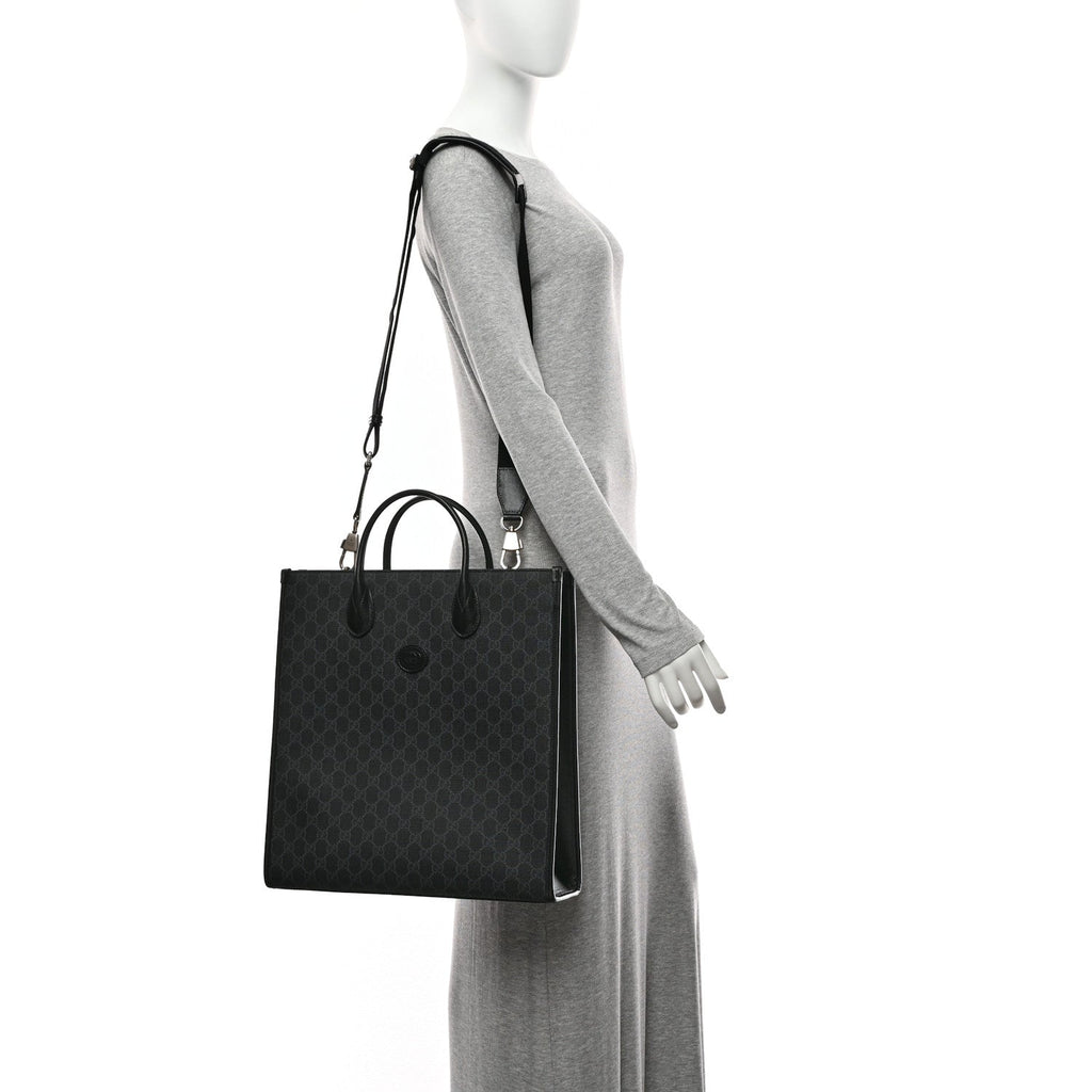 Gucci GG Supreme Monogram Azalea Calfskin Medium Retro Interlocking G Vertical Tote Bag Black