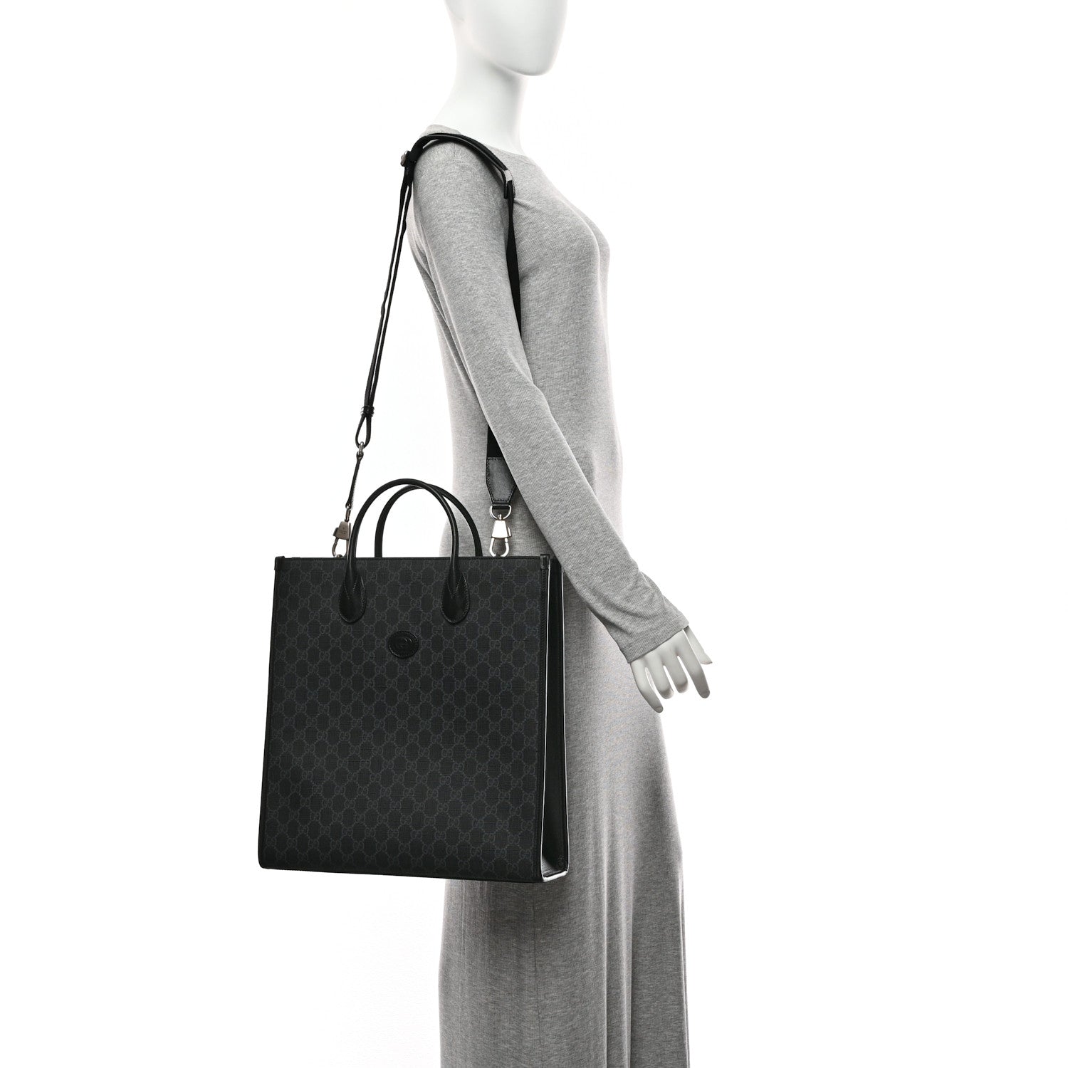 Gucci GG Supreme Monogram Azalea Calfskin Medium Retro Interlocking G Vertical Tote Bag Black