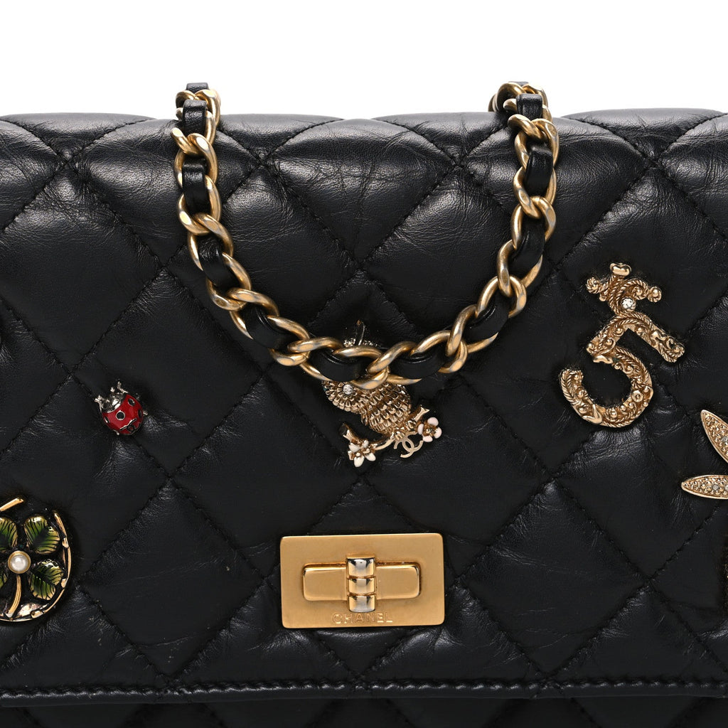 Chanel Aged Calfskin Lucky Charms 2.55 Reissue Wallet on Chain WOC Black