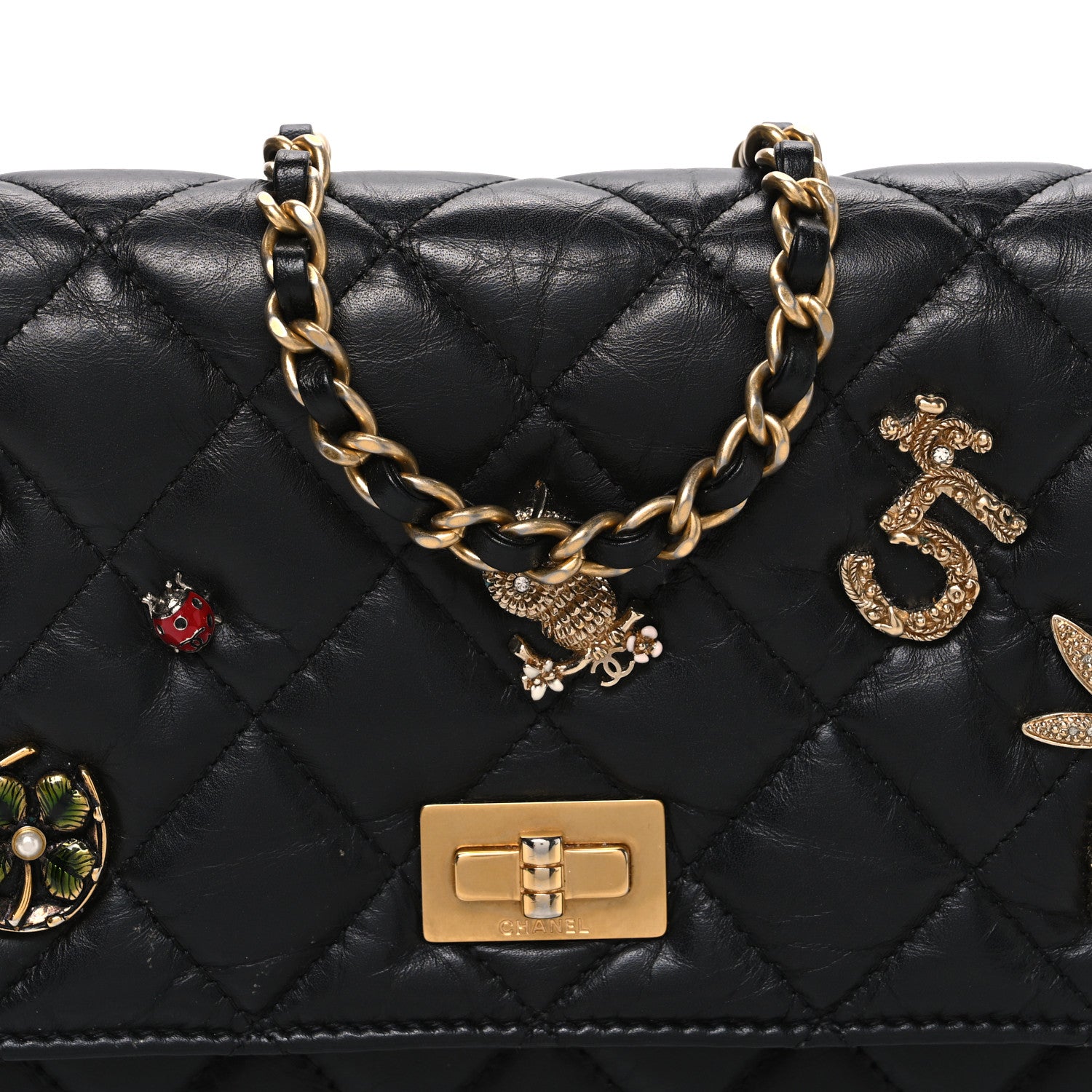 Chanel Aged Calfskin Lucky Charms 2.55 Reissue Wallet on Chain WOC Black