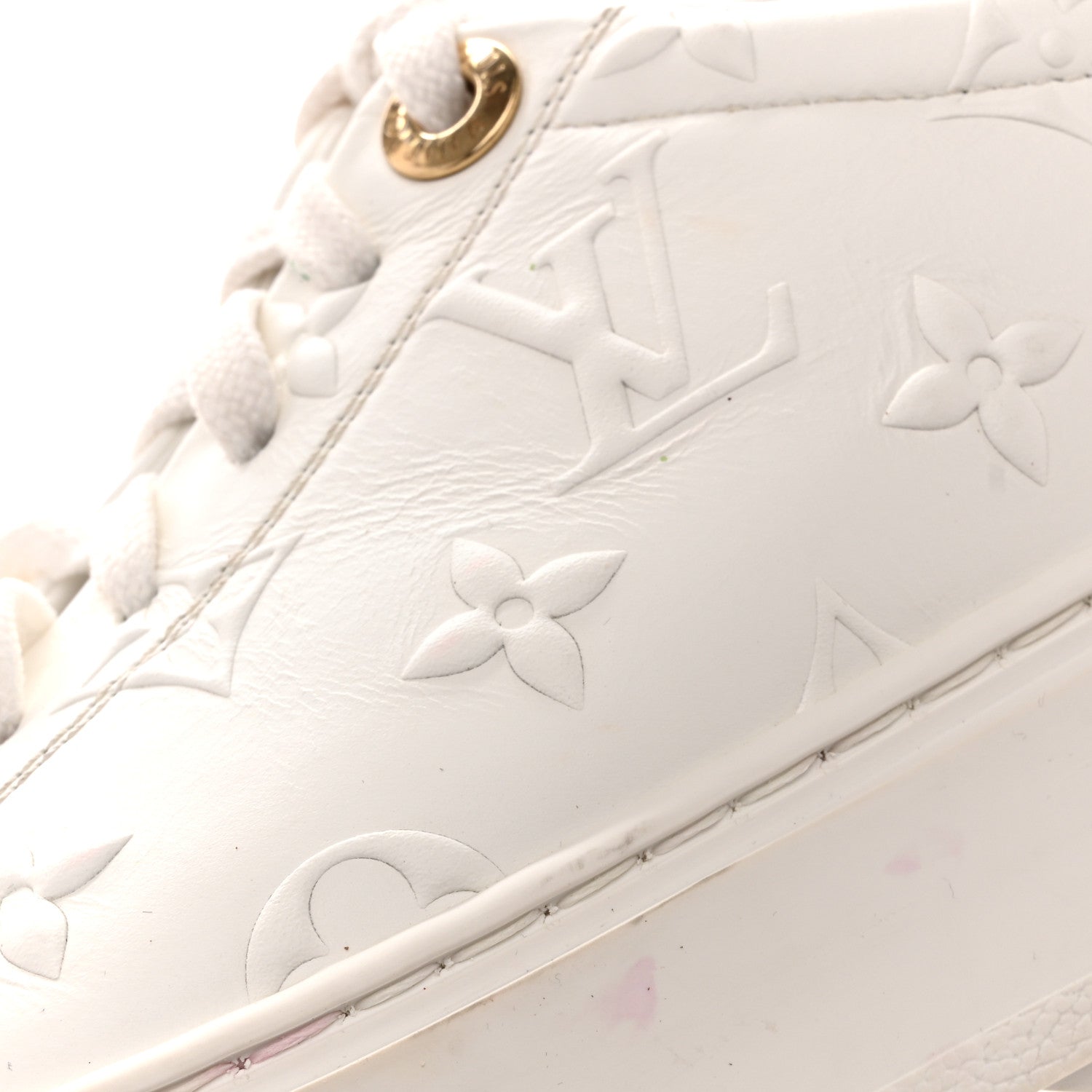 Louis Vuitton Lambskin Embossed Monogram Time Out Sneakers 35  White