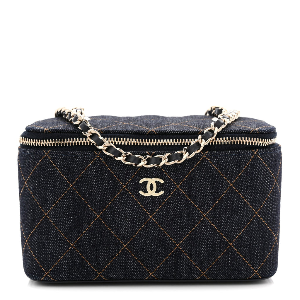 Chanel Denim Quilted Vanity Case With Chain Dark Blue