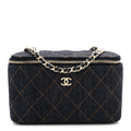 Chanel Denim Quilted Vanity Case With Chain Dark Blue