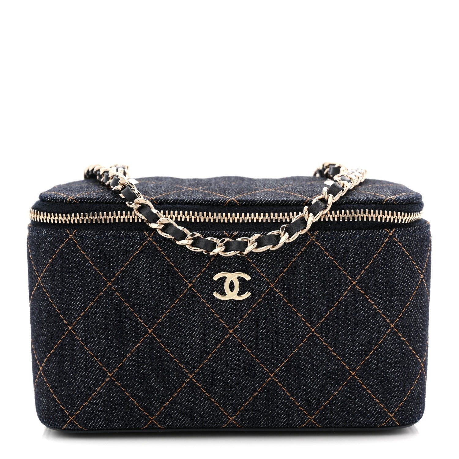Chanel Denim Quilted Vanity Case With Chain Dark Blue