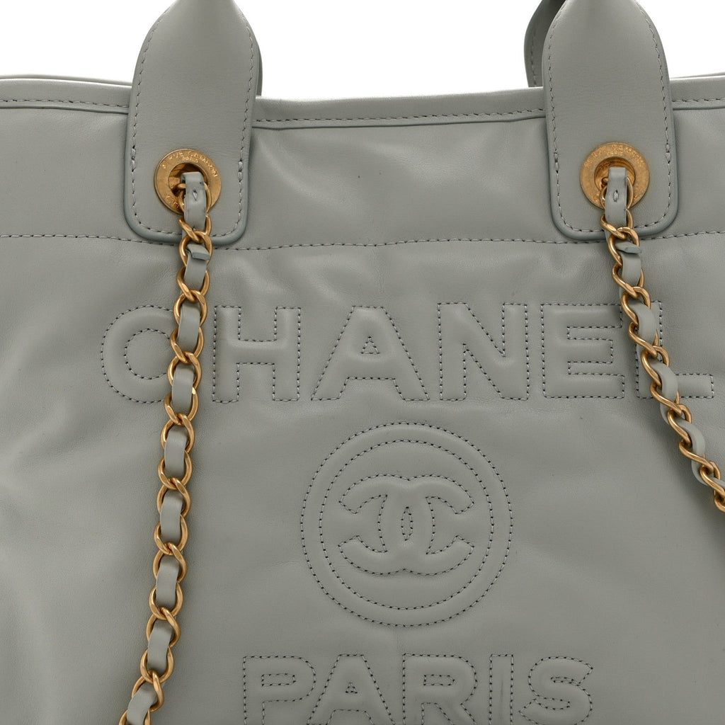 Chanel Calfskin Embossed Small Deauville Tote Light Blue