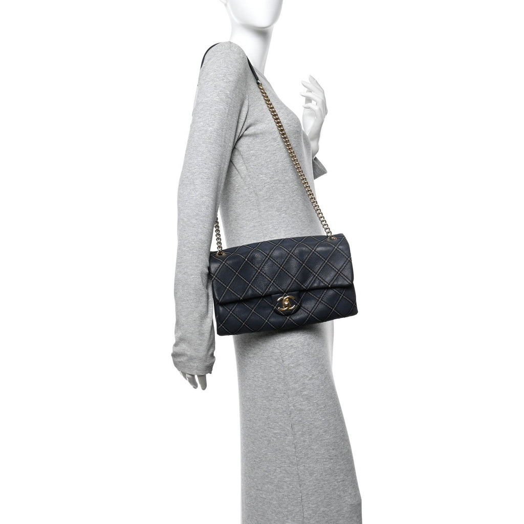 Chanel Iridescent Calfskin Triple Stitched Medium Flap Navy