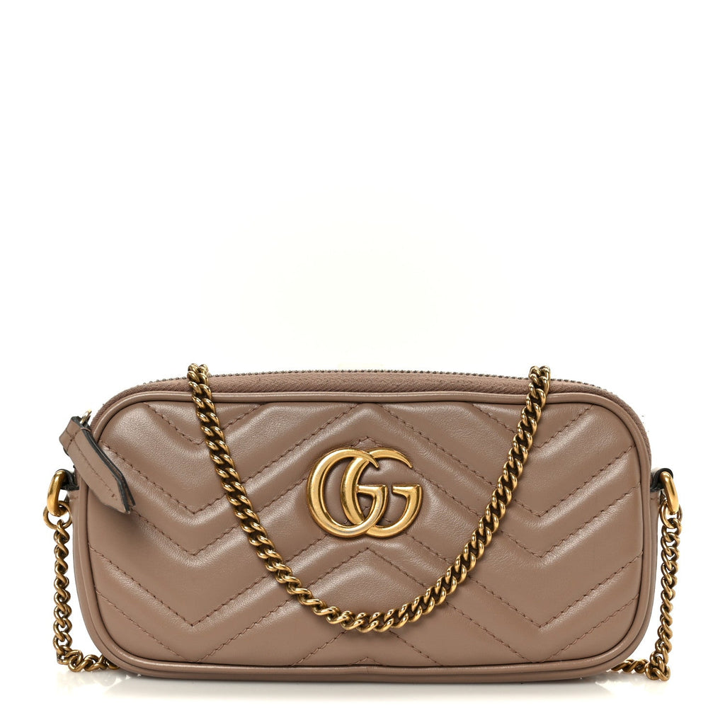 Gucci Calfskin Matelasse Mini GG Marmont Chain Crossbody Bag Porcelain Rose