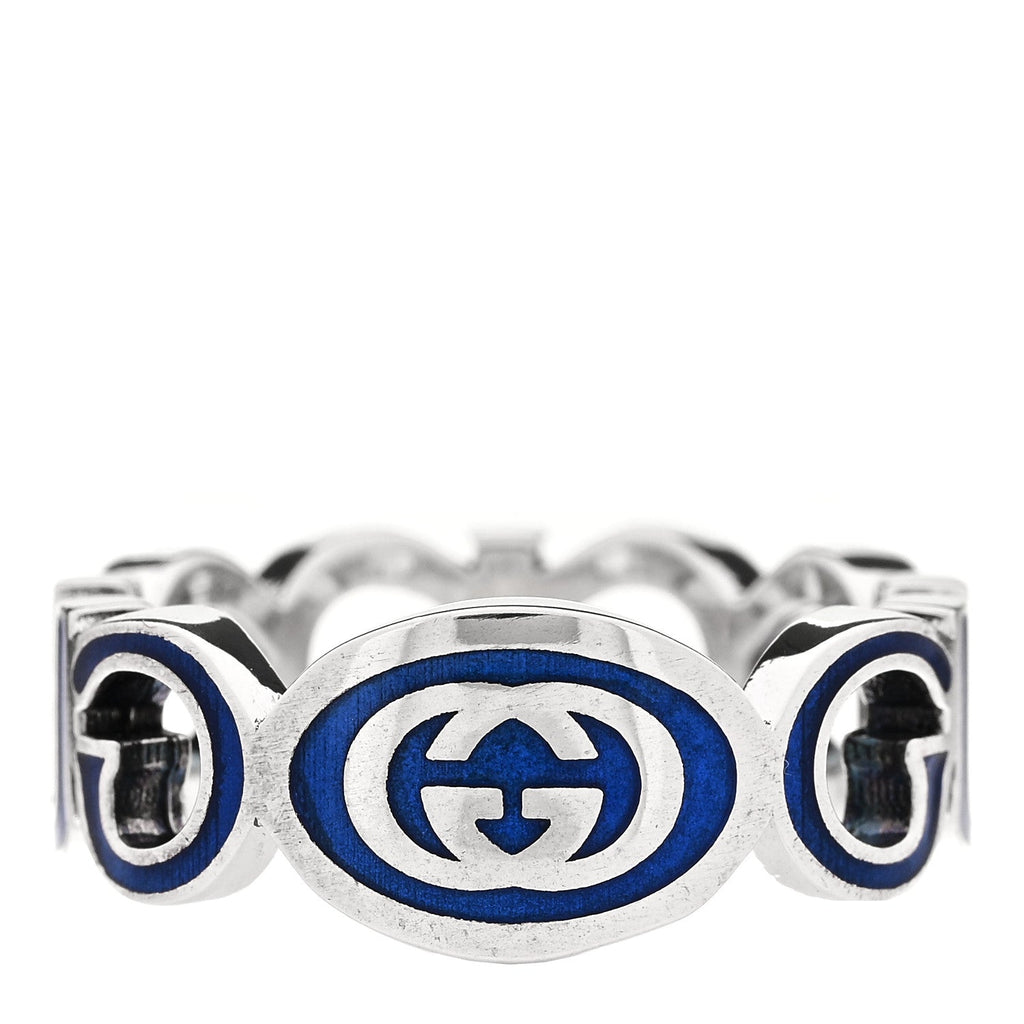 Gucci Sterling Silver Enamel Interlocking G Logo Ring 60 9 Blue