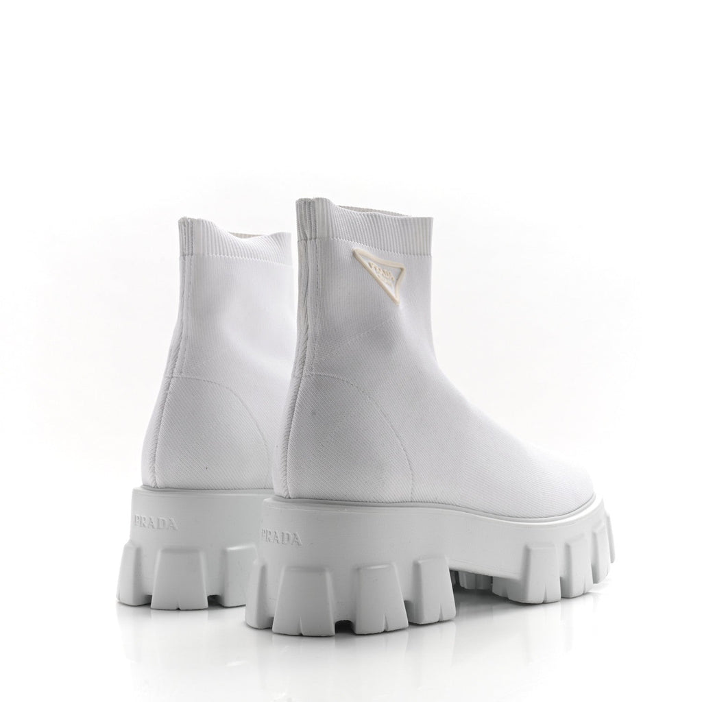 Prada Knit Rubber Triangle Logo Monolith 55mm Ankle Boots 38 Bianco