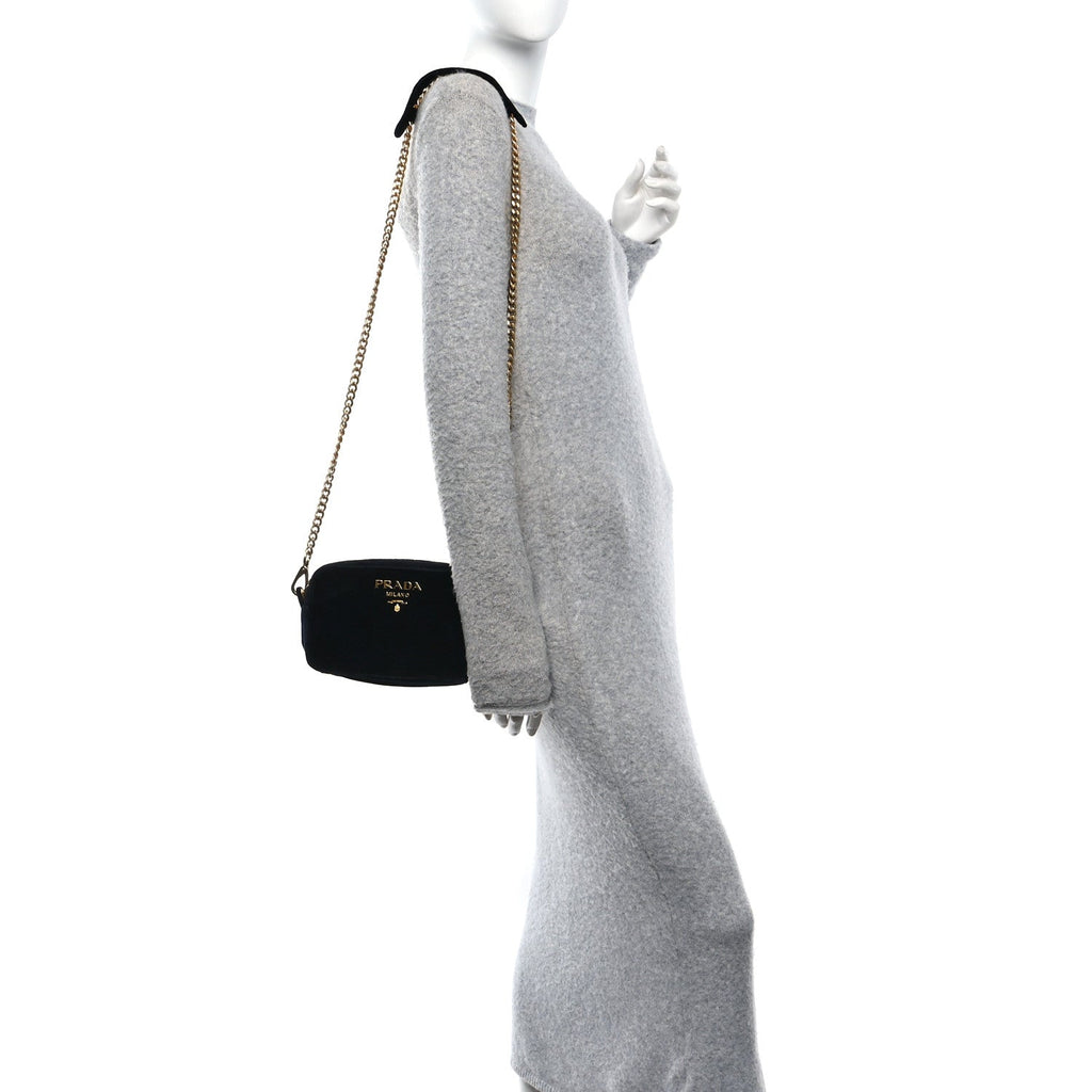 Prada Velluto Zip Top Chain Shoulder Bag Black
