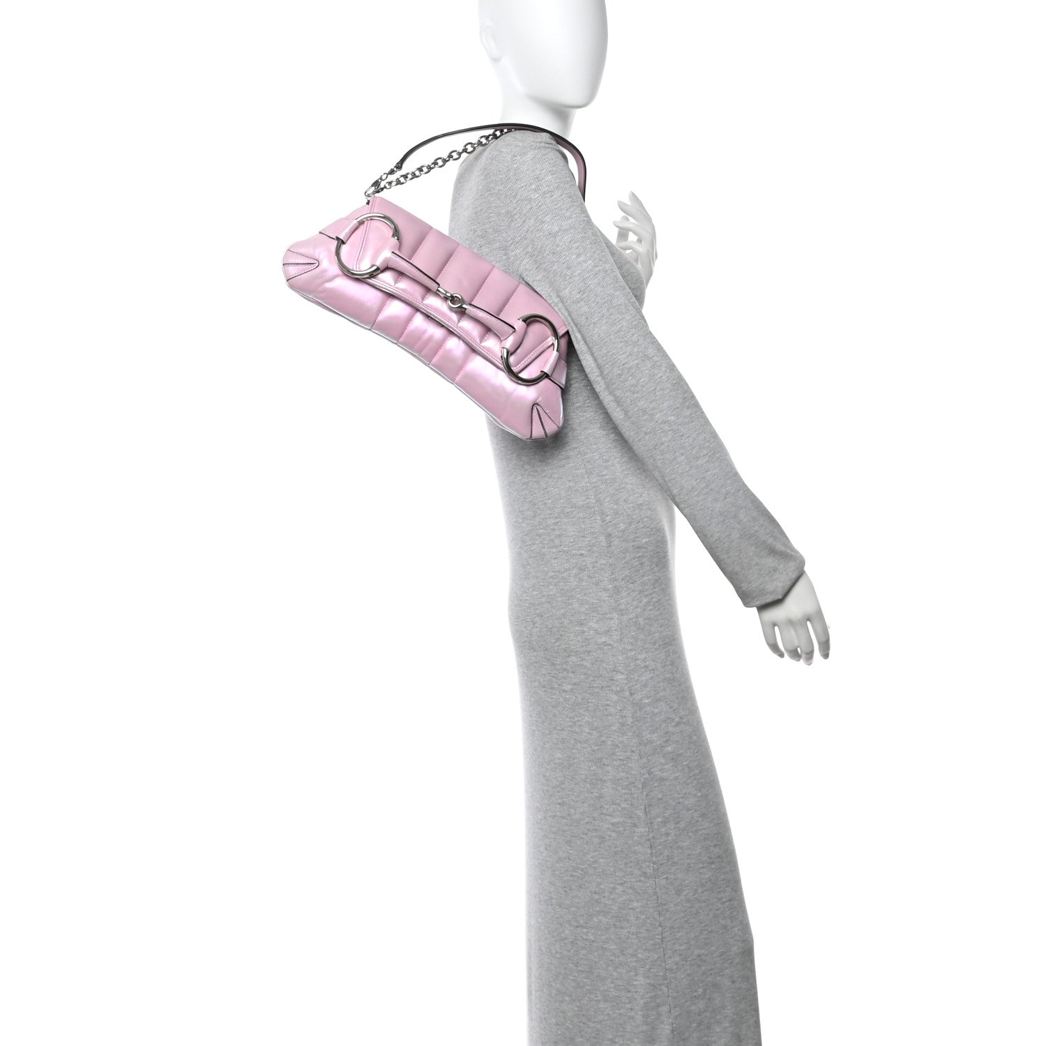 Gucci Iridescent Nappa Vertical Matelasse Medium Maxi Horsebit Chain Shoulder Bag Escape Pink
