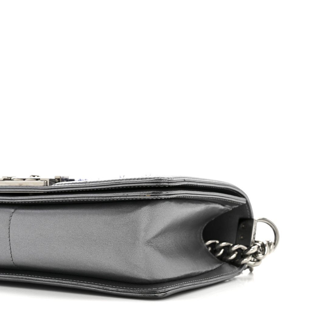 Chanel Tweed Metallic Lambskin Medium Boy Flap Silver