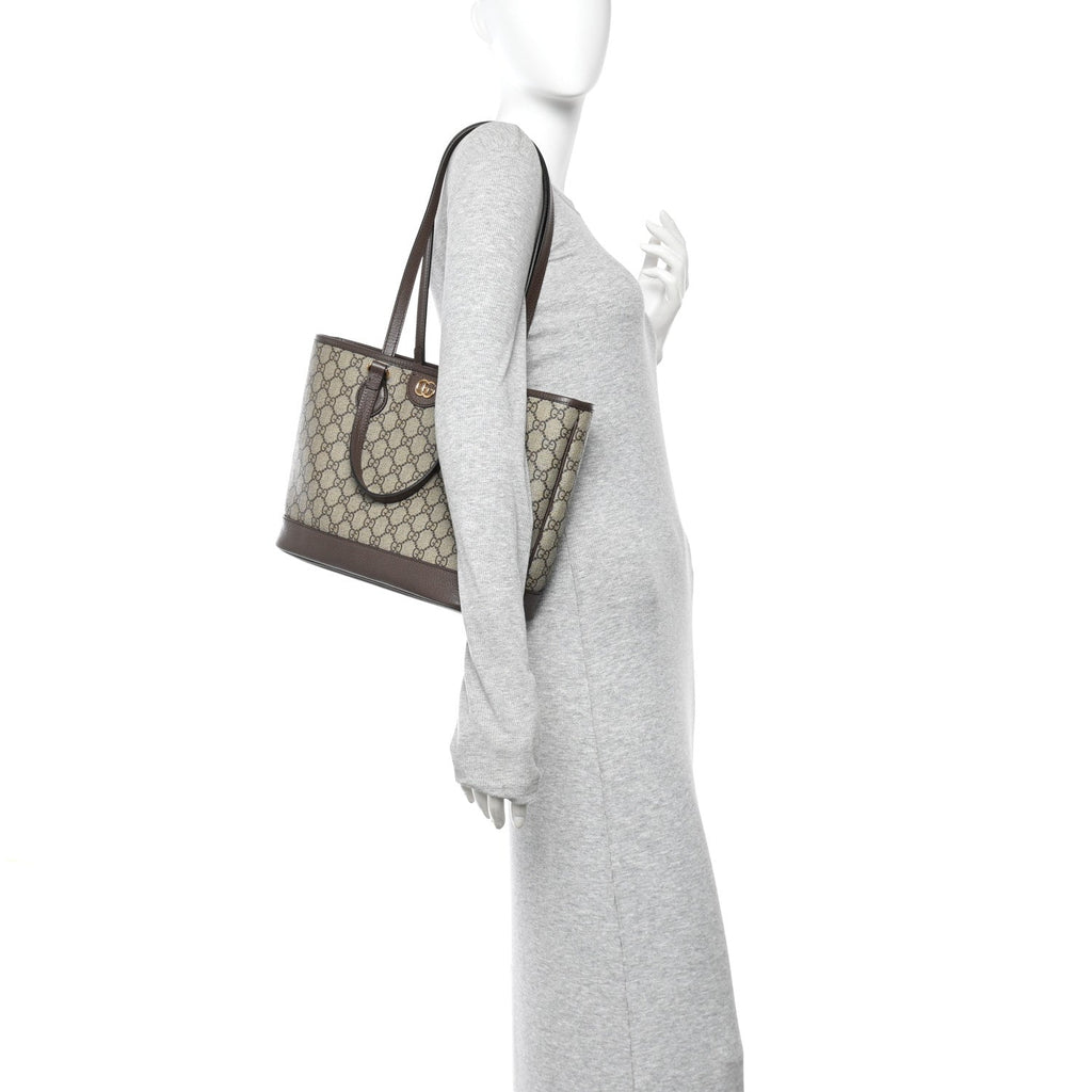 Gucci GG Supreme Monogram Textured Calfskin Small Ophidia Shoulder Tote Bag Beige Ebony New Acero