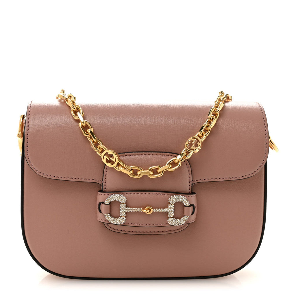 Gucci Azalea Calfskin Crystal GG Monogram Mini Horsebit 1955 Shoulder Bag Dusty Rose