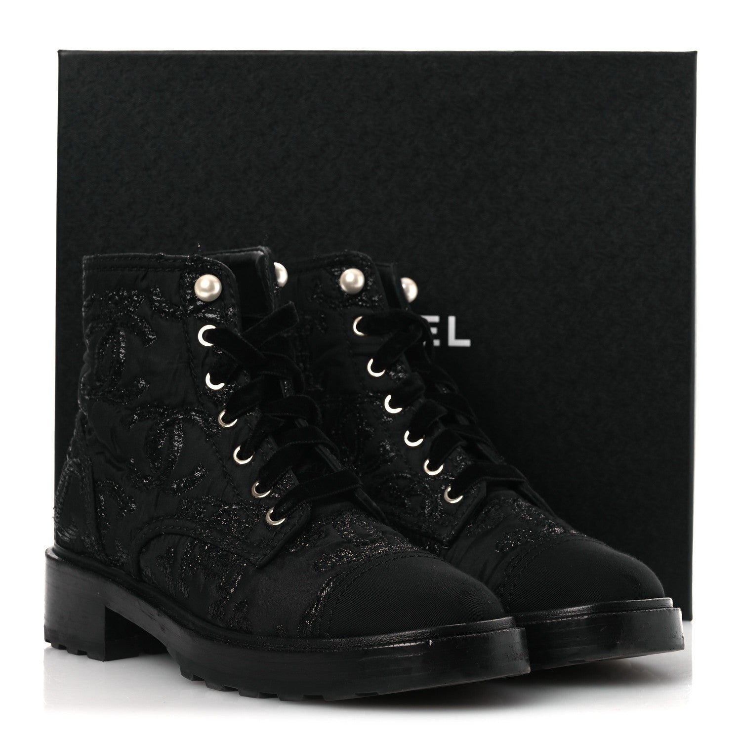 Grosgrain Tweed Pearl CC Combat Short Boots 39 Black