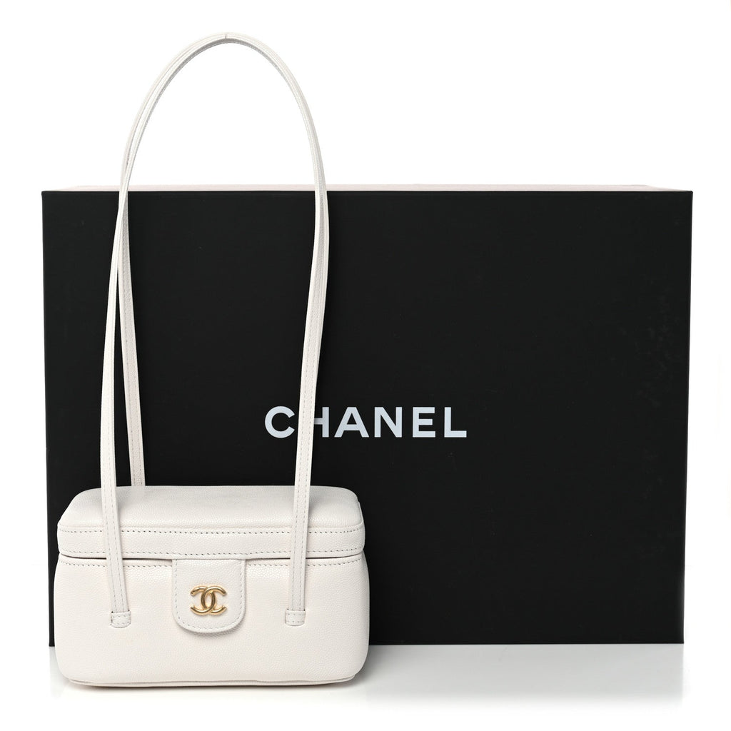 Chanel Shiny Caviar Preppy Coco Long Vanity With Strap White
