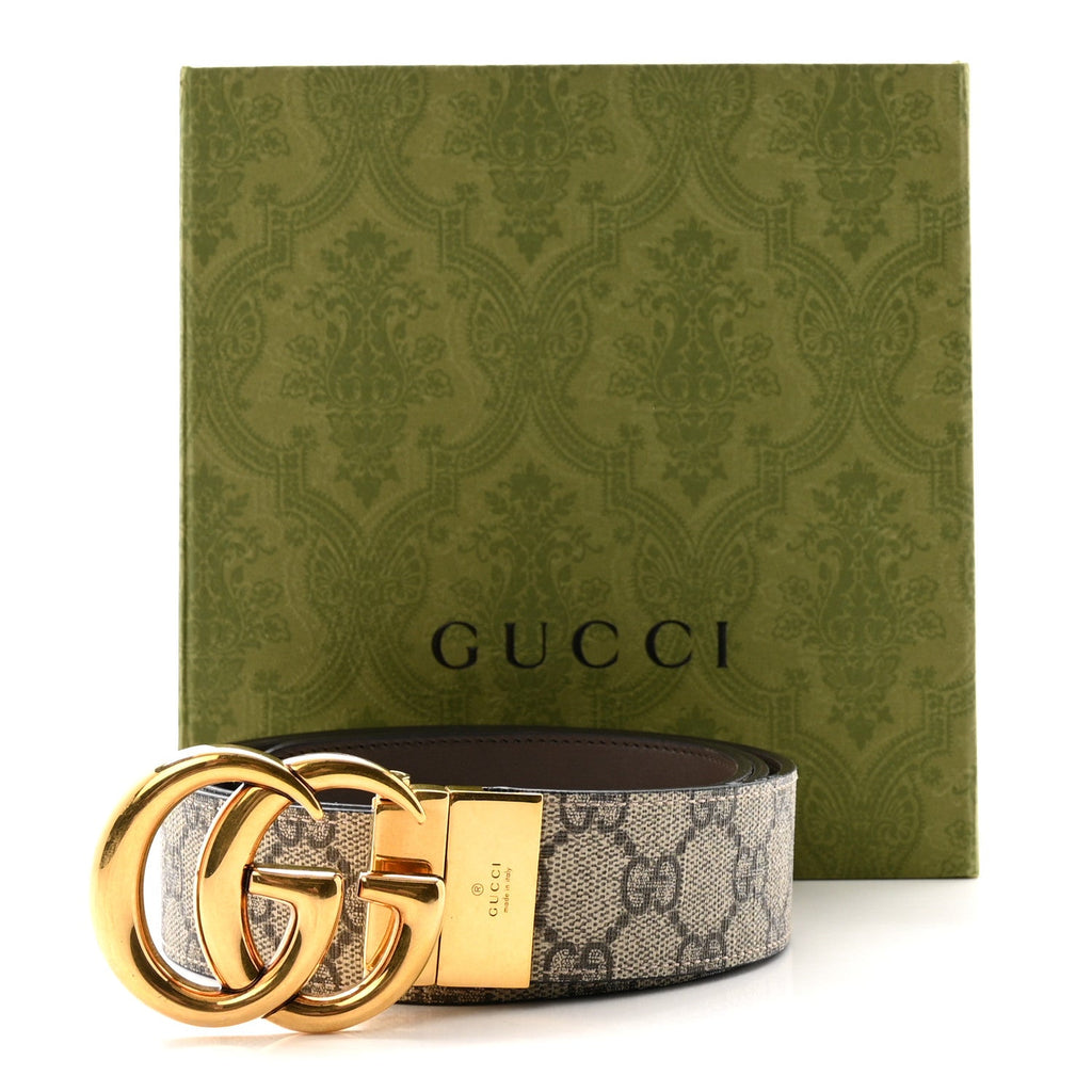 Gucci GG Supreme Monogram Plutone Calfskin Double G Reversible 30mm Belt 95 38 Beige Ebony New Acero