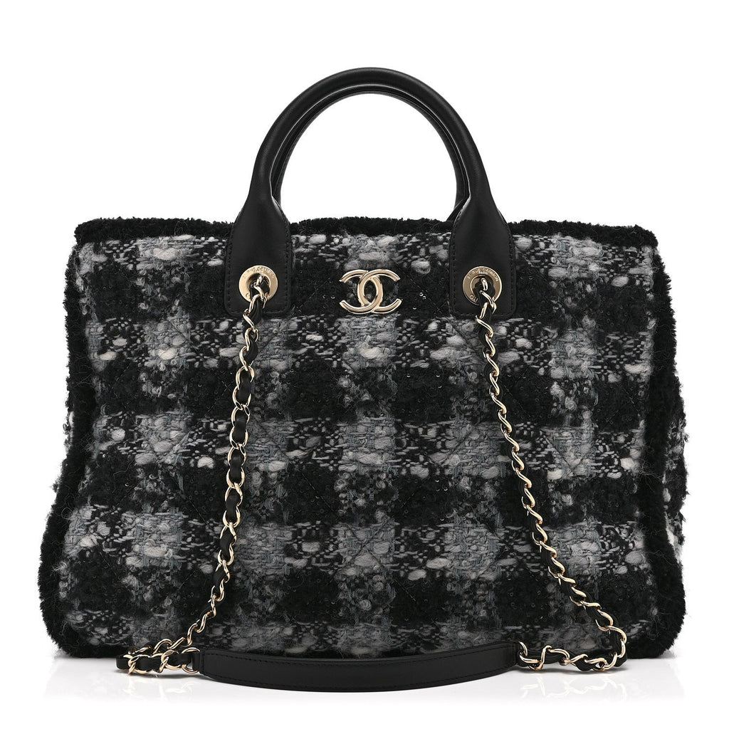 Chanel Tweed Shearling Quilted Lambskin Shopping Tote  Black Grey