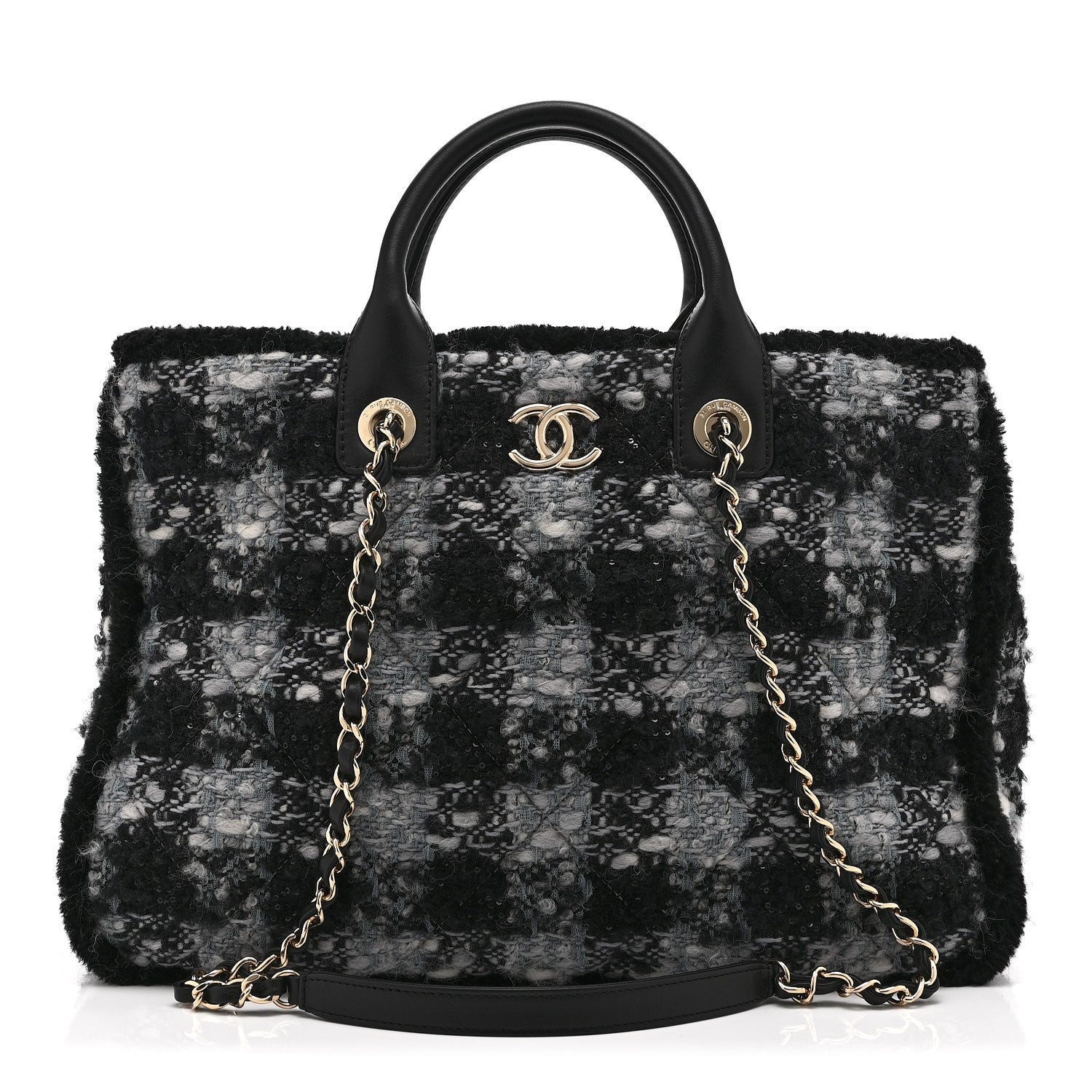 Chanel Tweed Shearling Quilted Lambskin Shopping Tote  Black Grey