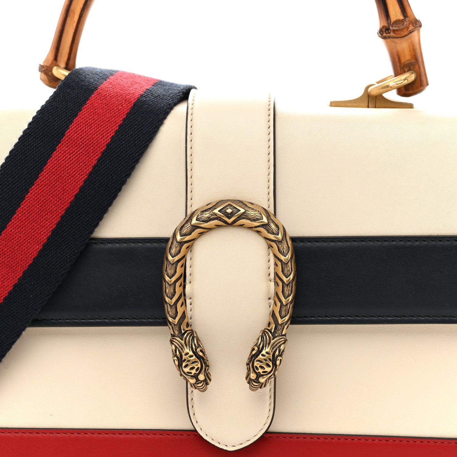 Gucci Calfskin Bamboo Web Medium Dionysus Top Handle Bag White Blue Hibiscus Red
