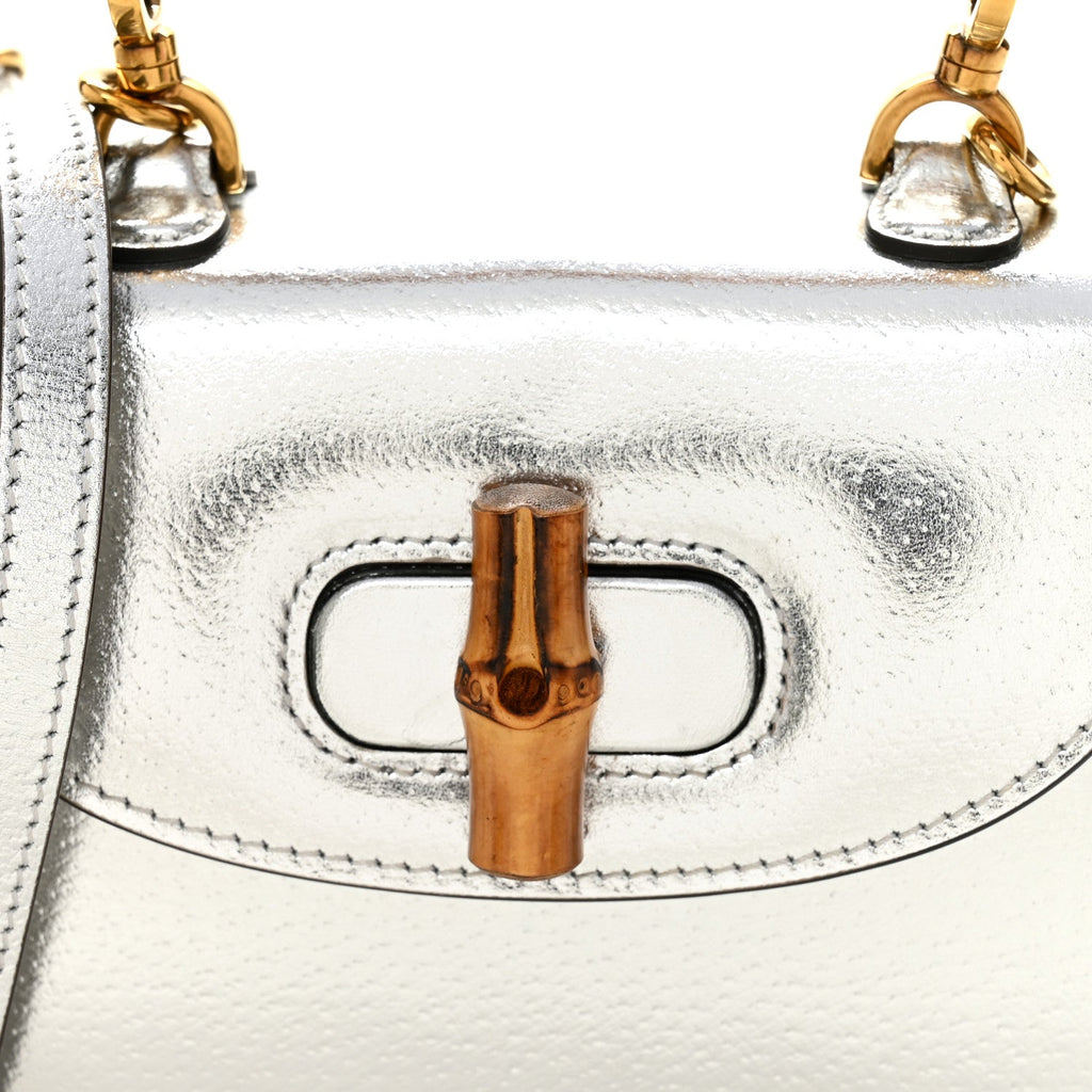 Gucci Boarded Dyana Lux Calfskin Mini Bamboo 1947 Top Handle Bag Silver