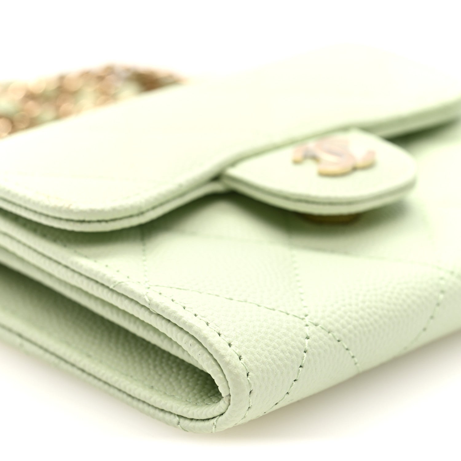 Chanel Caviar Quilted Flap Card Holder On Chain Light Green