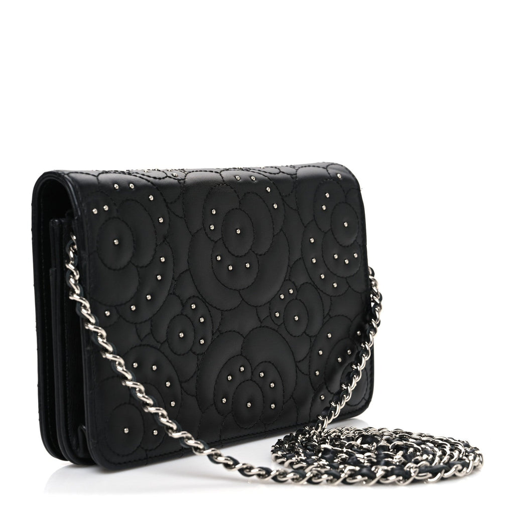 Chanel Lambskin Camellia Studded Wallet on Chain WOC Black
