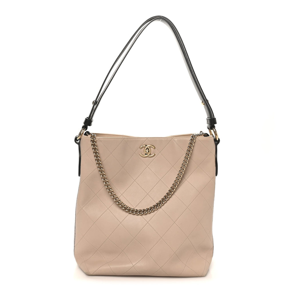 Chanel Calfskin Stitched Large Stripe Hobo Beige Black