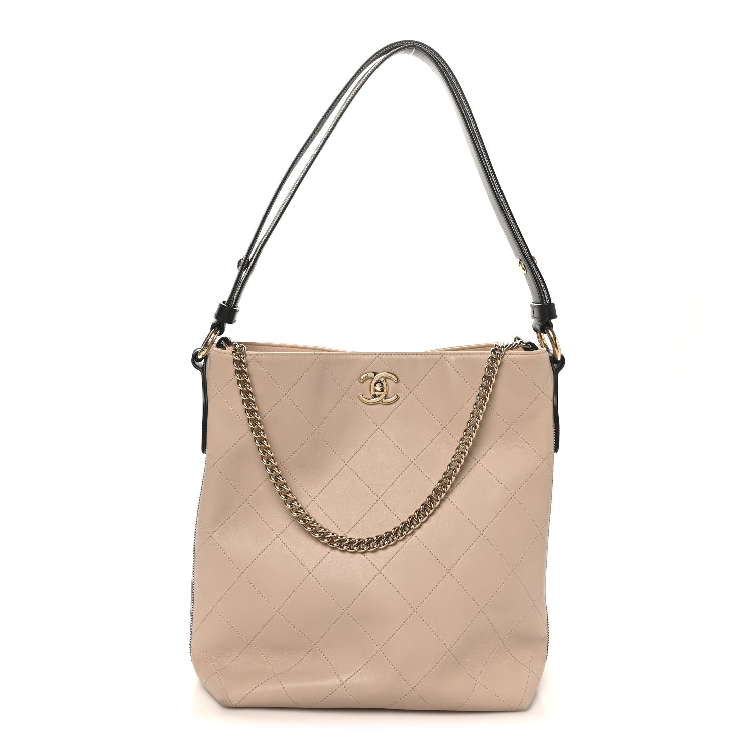 Chanel Calfskin Stitched Large Stripe Hobo Beige Black