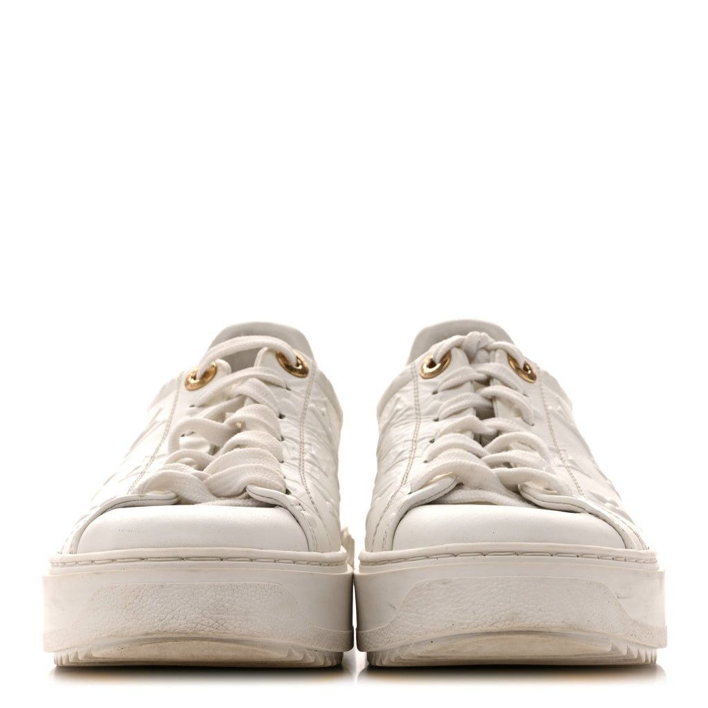 Louis Vuitton Lambskin Embossed Monogram Time Out Sneakers 35  White