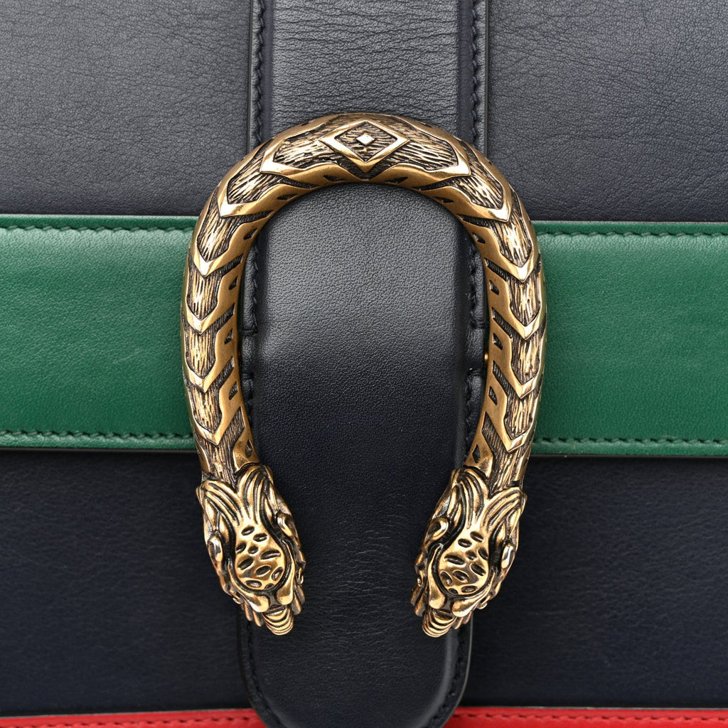 Gucci Moon Calfskin Web Medium Dionysus Bamboo Top Handle Bag Blue Emerald Hibiscus Red