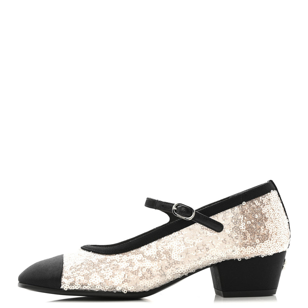 Glittered Tulle Sequin Grosgrain Cap Toe CC Mary Jane Pumps 36.5 Light Pink Black