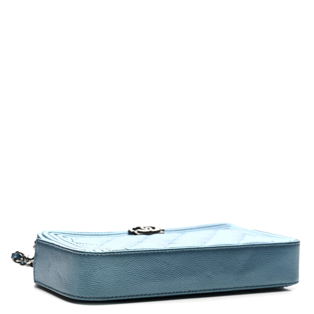 Chanel Metallic Caviar Quilted Small Boy Clutch With Chain Turquoise