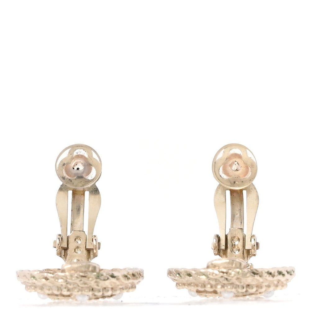 Metal Pearl CC Clip On Earrings Gold