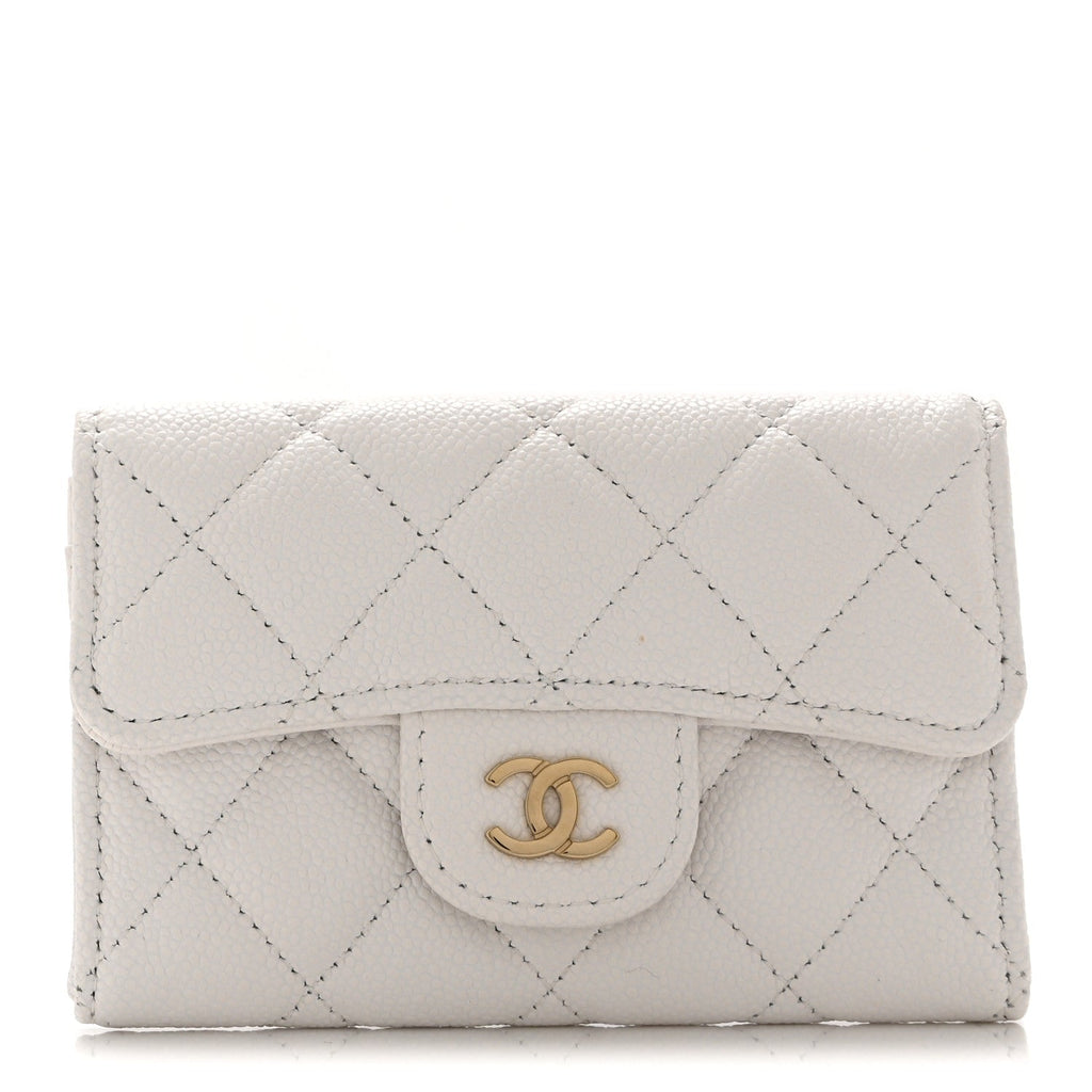 Caviar Quilted Flap Card Holder Wallet White