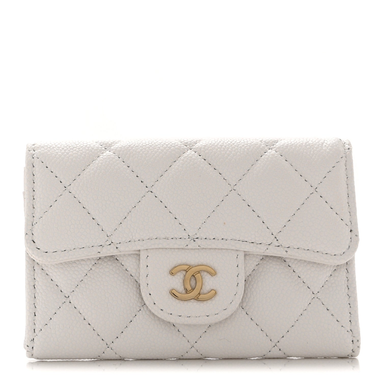 Caviar Quilted Flap Card Holder Wallet White