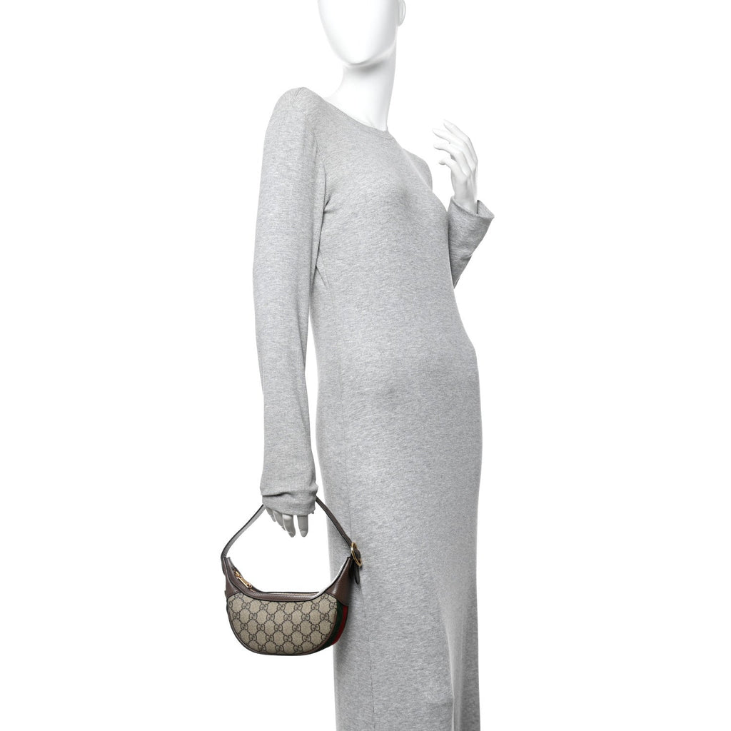Gucci GG Supreme Monogram Textured Calfskin Web Mini Ophidia Half Moon Hobo Beige Ebony New Acero