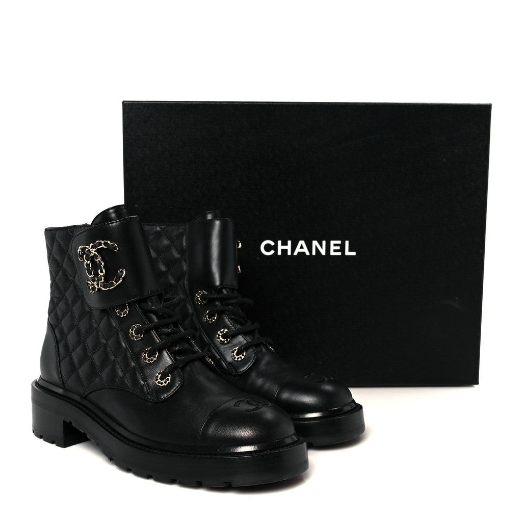 Chanel Shiny Lambskin Quilted Lace Up Combat Boots 39 Black