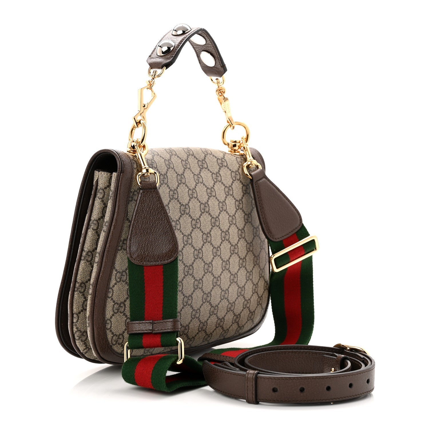 Gucci GG Supreme Monogram Textured Dollar Calfskin Web Medium Blondie Top Handle Shoulder Flap Bag Beige Ebony New Acero