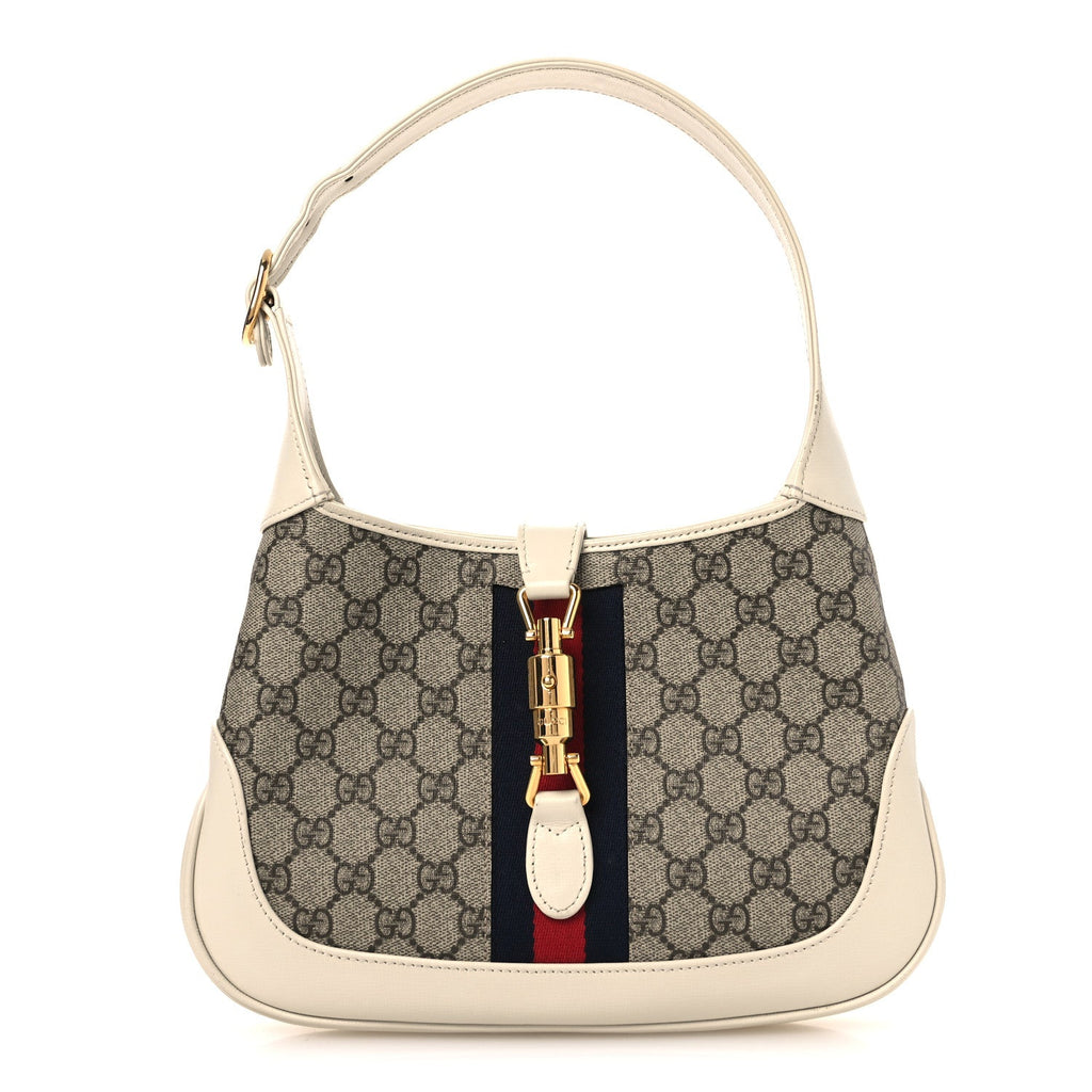Gucci GG Supreme Monogram Azalea Calfskin Web Small Jackie 1961 Hobo Beige Ebony Mystic White